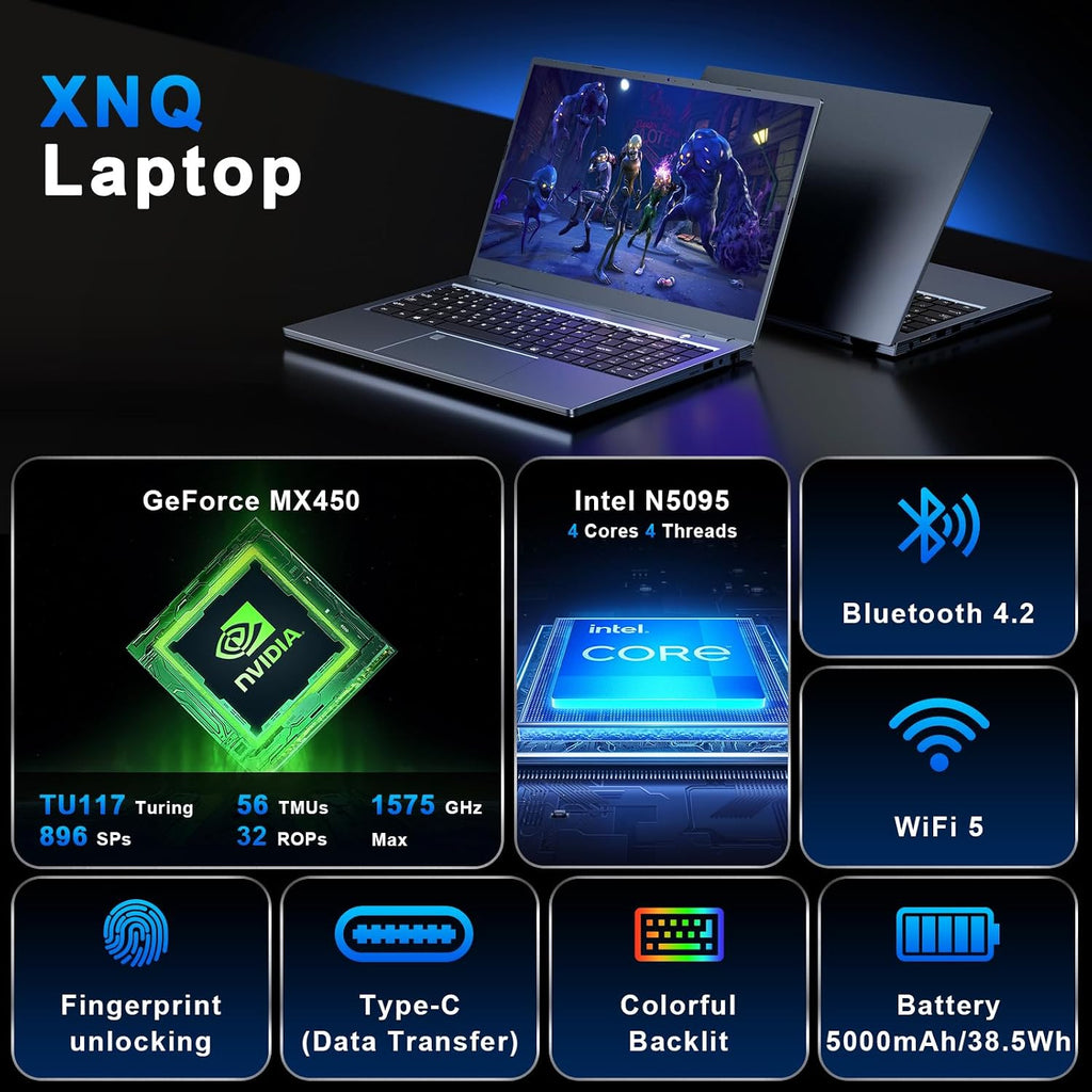 XNQ Gaming Laptop, Laptop Computer 2026, 15.6 Inch Lap Top, 32GB DDR4, 1TB SSD, MX450 TU117 GPU, N-series 4C/4T Processor, Win 11 pro, Colorful Backlit, 1080 FHD, HDMI, Wifi5, Metal Shell, Fingerprint
