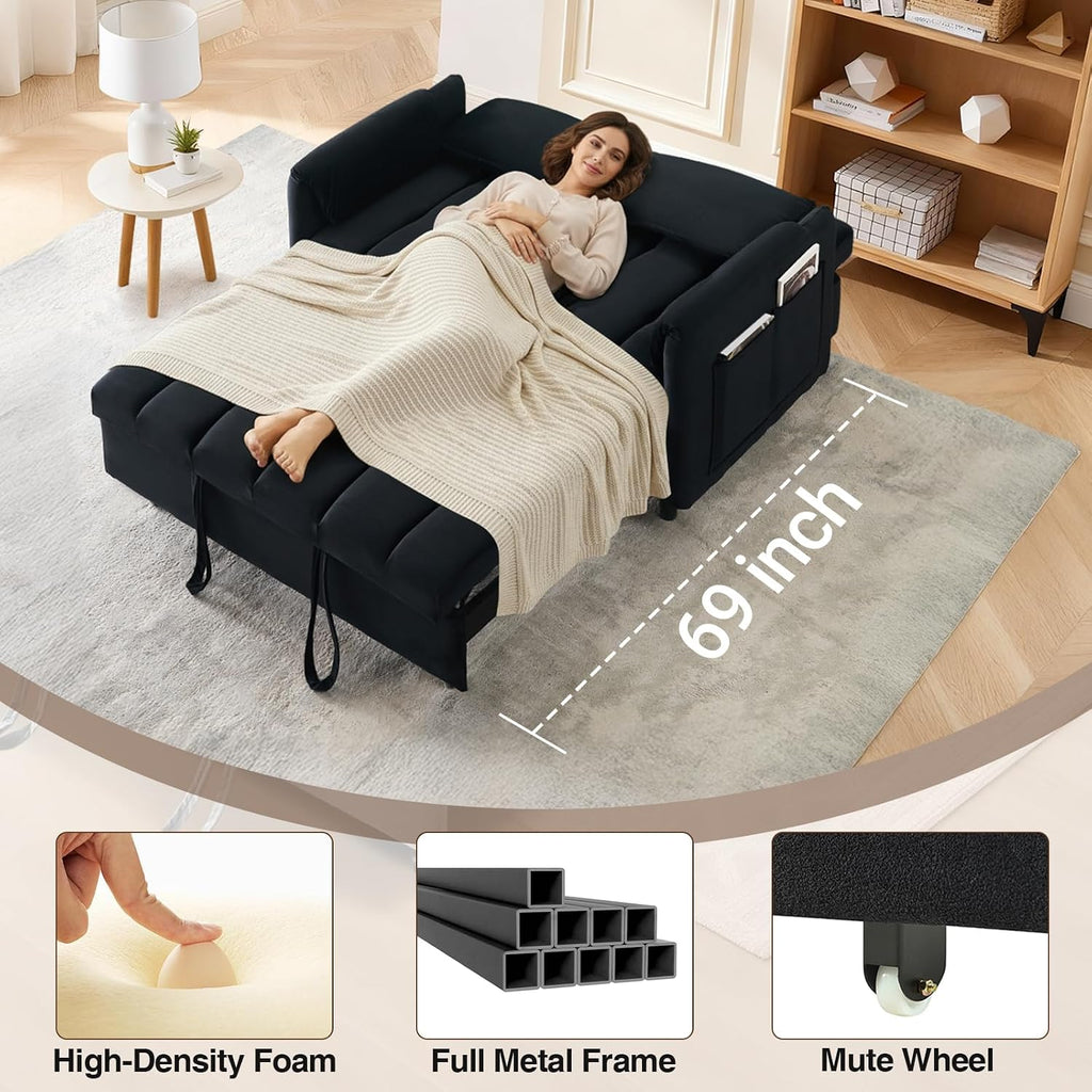 CAPCAEK 3 in 1 Convertible Sleeper Sofa Bed, Modern Velvet Loveseat Pull-Out Couch w/Pullout Bed, Small Love Seat Lounge Sofa w/Reclining Backrest,Toss Pillows, Pockets, for Living Room