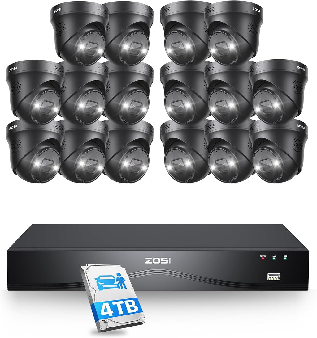 ZOSI 24CH 4K PoE Security Camera System, Face Person Vehicle Detection, 16pcs 4K Outdoor Spotlight PoE Cameras, 2 Way Audio, Night Vision, 24CH 8MP Dual Disk NVR with 4TB HDD for 24/7 Recording