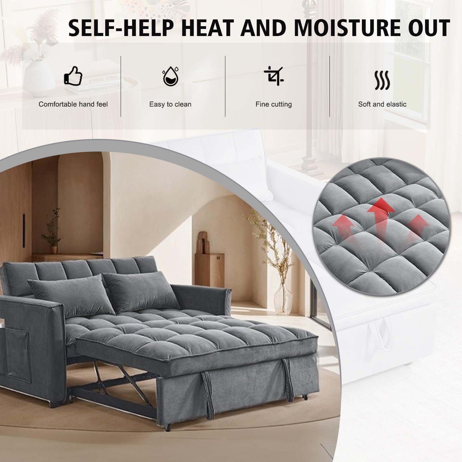 3 in 1 Convertible Sleeper Sofa Bed, 54'' Full Size Velvet Pull Out Futon Couch Recliner with Reclining Backrest & 2 Pillows, Small Loveseat Lounge Couches for Small Spaces (Medium Grey)