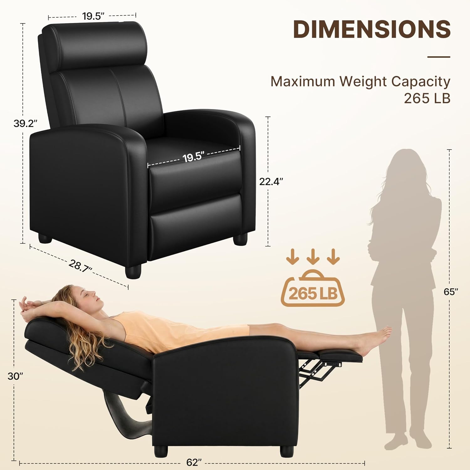 Yaheetech Recliner Chair PU Leather Recliner Sofa Home Theater Seating with Lumbar Support Overstuffed High-Density Foam & Pocket Springs, Push Back Recliners Armchair for Living Room