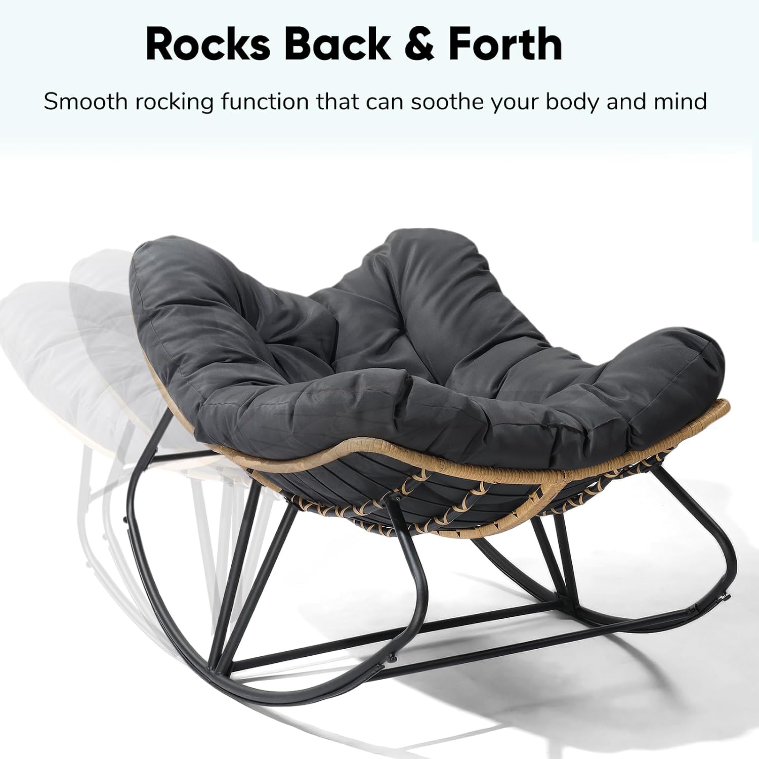 JOYBASE Outdoor Indoor Papasan Rocking Chair Set of 2, Oversized Papasan Rocker with Cushion, Patio Wicker Comfy Egg Chair for Backyard Bedroom Living Room Lounge Reading (Dark Grey)