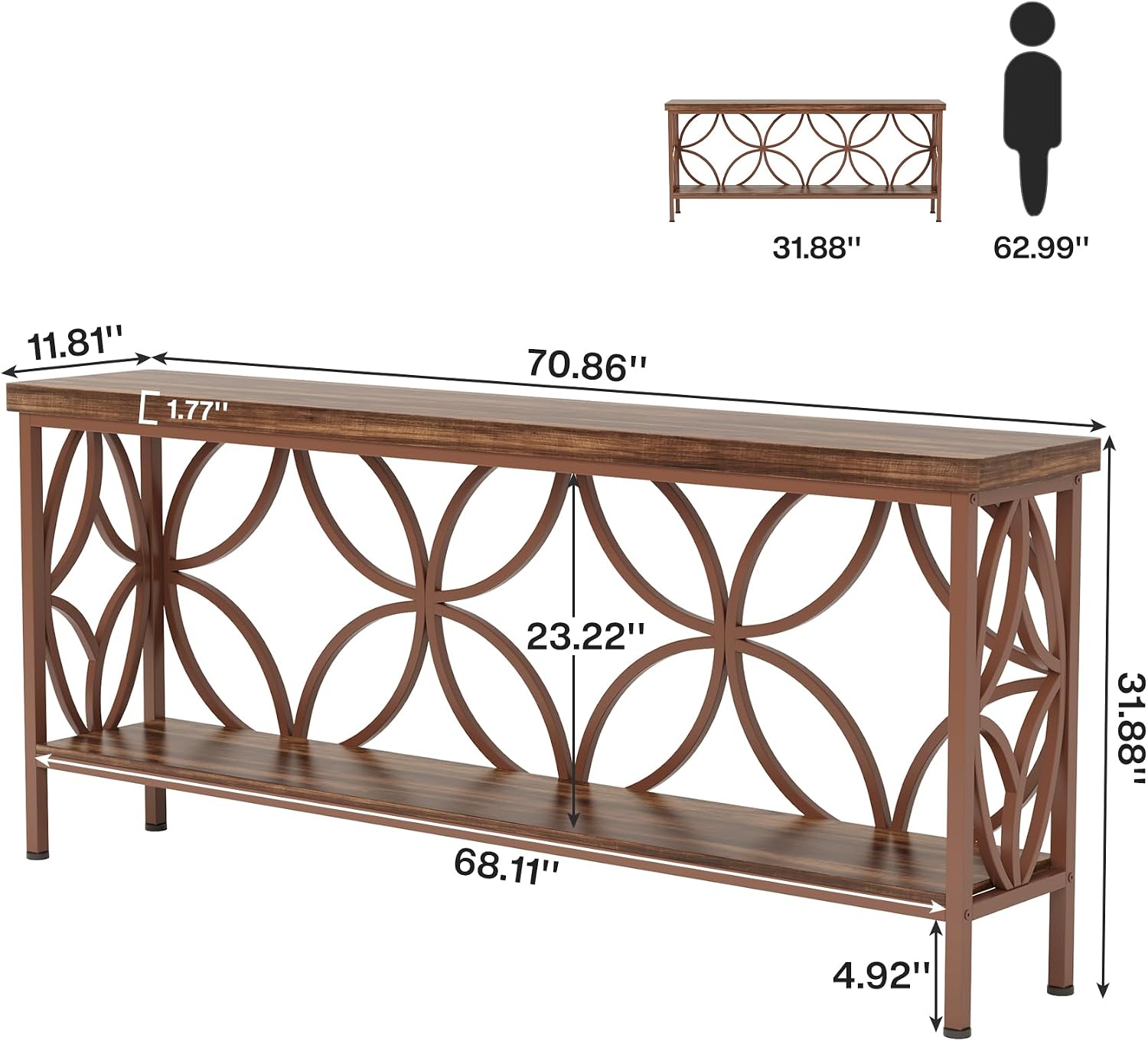 Tribesigns 70.9-Inch Narrow Sofa Table, Industrial Long Sofa Table Behind Couch, Entry Console Table with Storage for Entryway, Living Room, Foyer, Unique Design, Brown Glossy