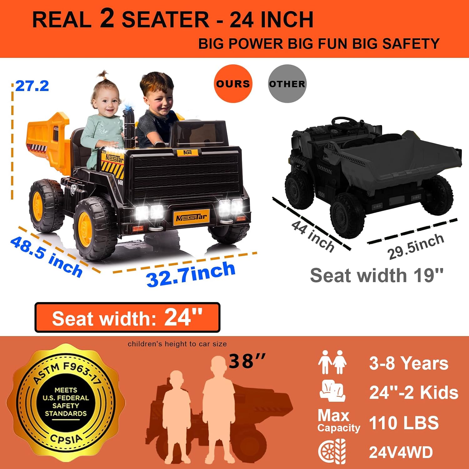 Kidsera 24V Ride On Dump Truck, 24 inch-2 Seater Ride On Car for Kids w/Remote Control 4WD/2WD Up to 5 Mph, 24v Ride on Toys for Big Kids w/Electric Dump Bed Extra Shovel Traffic Cones (Yellow)