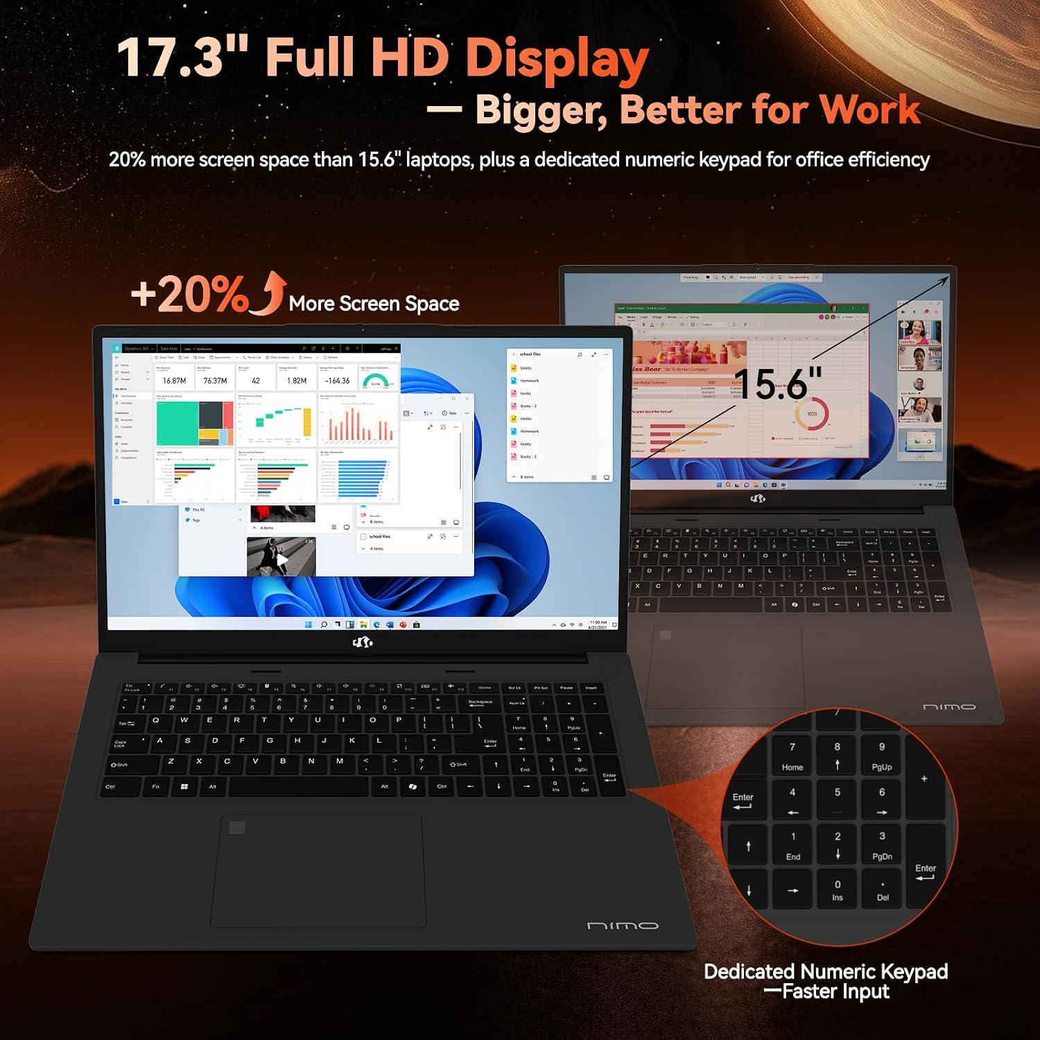 NIMO 17.3-Laptop, AMD Ryzen 7 7735HS (8C/16T) Radeon 680M, 64GB DDR5 RAM 2TB SSD, 100W PD Type-C Fast Charging, Wi-Fi 6E BT 5.2, Fingerprint Unlock, Backlit Keyboard for Business Student Light Gaming