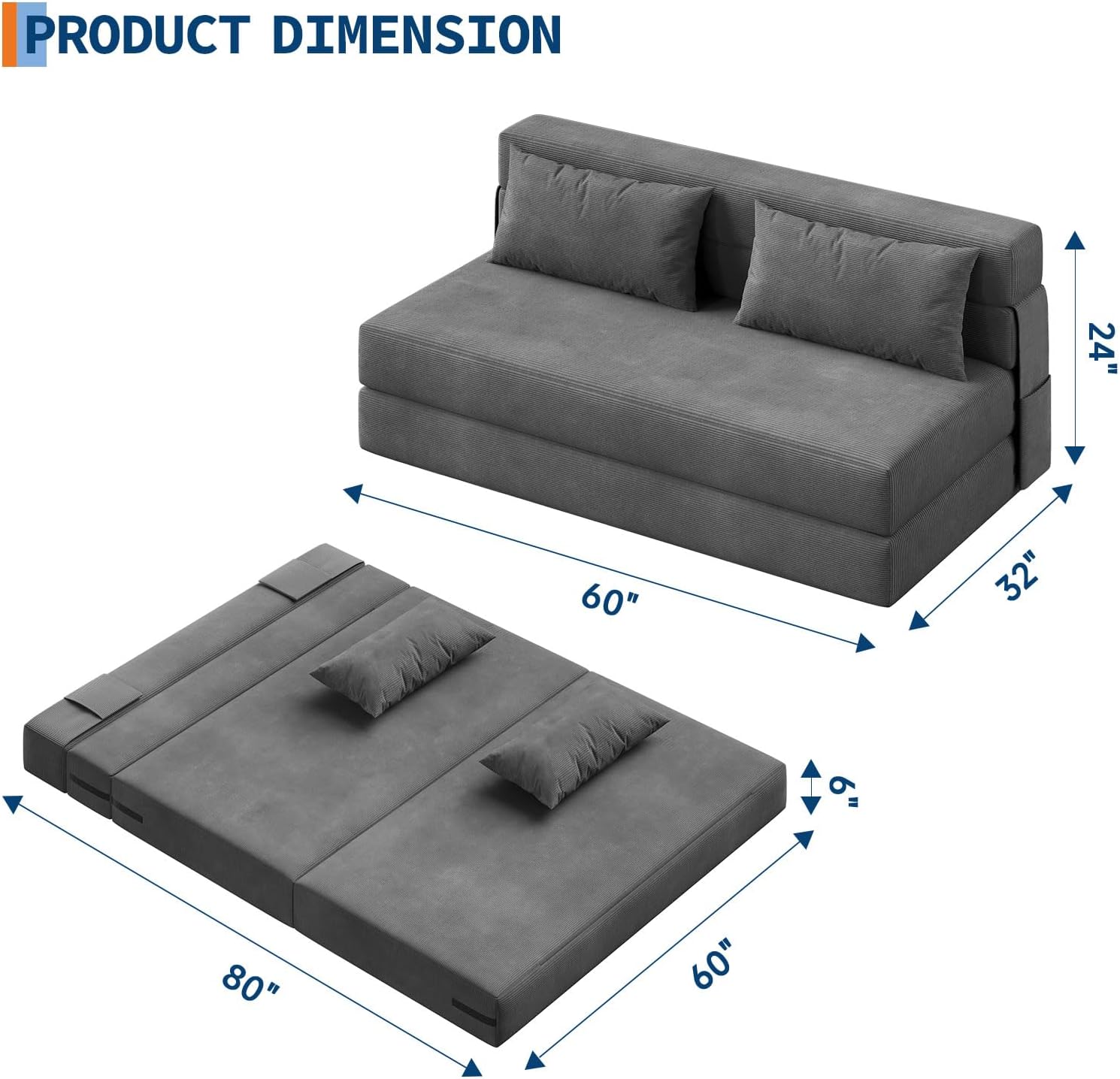 Garvee 4-in-1 Folding Sofa Bed & Chair Bed - Convertible Sleeper, Fold Out Loveseat Sofa Couch with Pillow, Tufted Floor Lounge for Living Room, Bedroom, Guest Room, Dark Gray