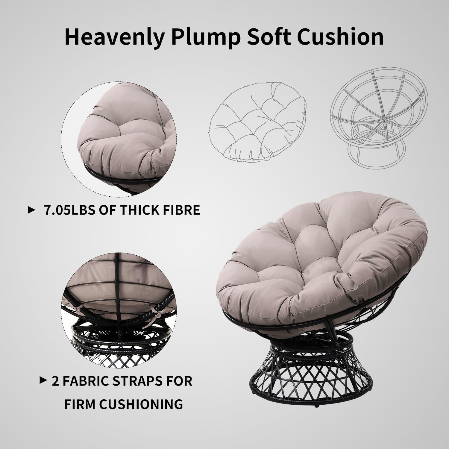 GLORY PATIO 360° Swivel Papasan Chair - 350lbs Capacity Indoor/Outdoor Wicker Lounge Chair with Thick Cushion, Modern Accent Chair for Living Room, Bedroom, Patio (White Frame & Beige Cushion)