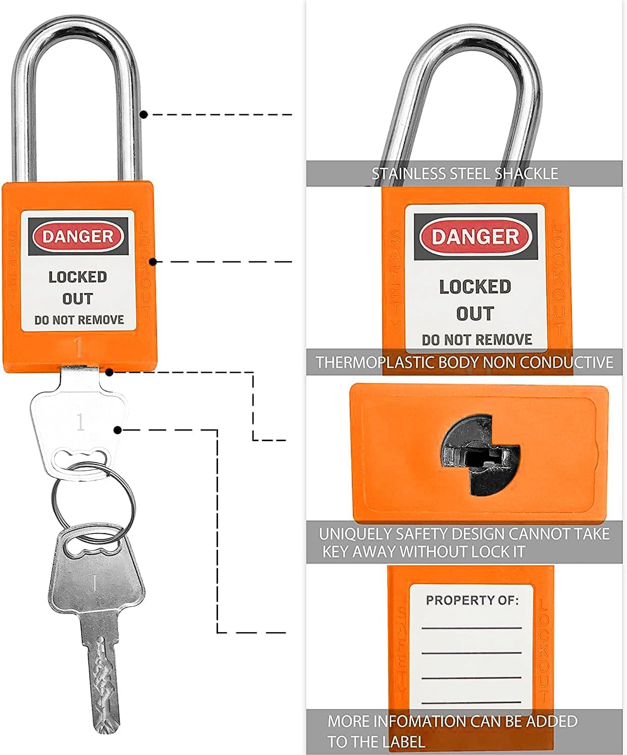 SAFBY 50 Keyed Different Lockout Tagout Locks with 50 Lock Out Tag Out Tags - Loto Safe Padlocks for Lock Out Tag Out Stations and Devices (1-50 Orange), SB30LC