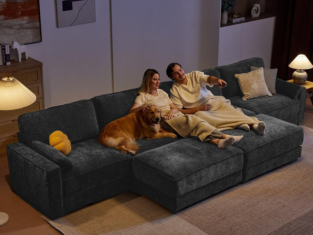 Vipbear 120' Oversized Modular Sectional Sofa, L Shaped Couch Set with 2 Pillows, 4 Seat Comfy Cloud Couches with Movable Ottoman for Living Room, Bedroom and Apartment, Chenille Dark Grey