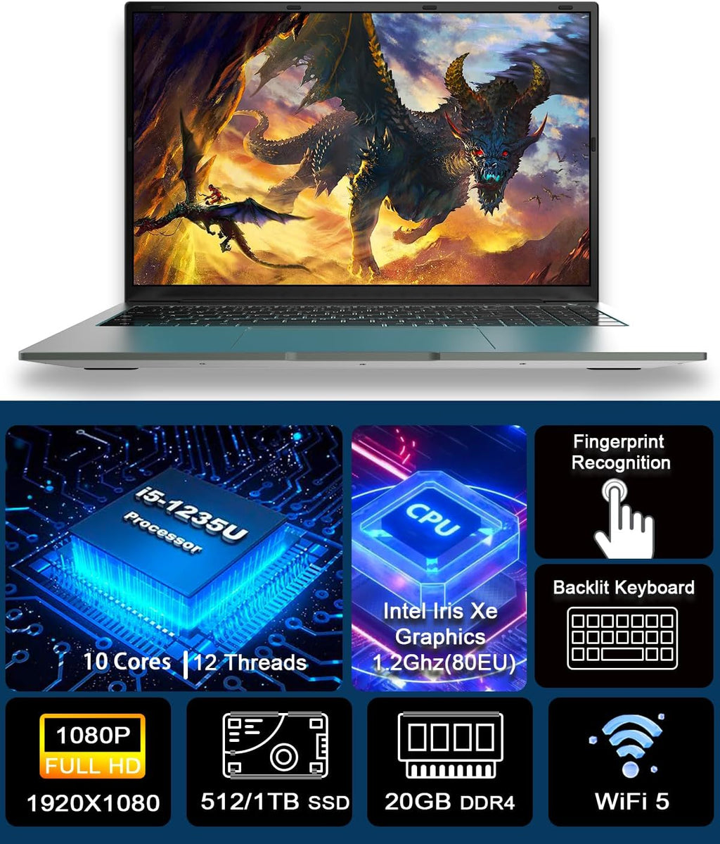 Laptop Computers,15.6' IPS 1080P Screen,12th generation i5 1235U Processor 10C 12T 4.4Ghz 20GB RAM 512 SSD, Laptops with Fingerprint Recognition Backlit Keyboard,WiFi,USB 3.0, Webcam, HDMI, Gray