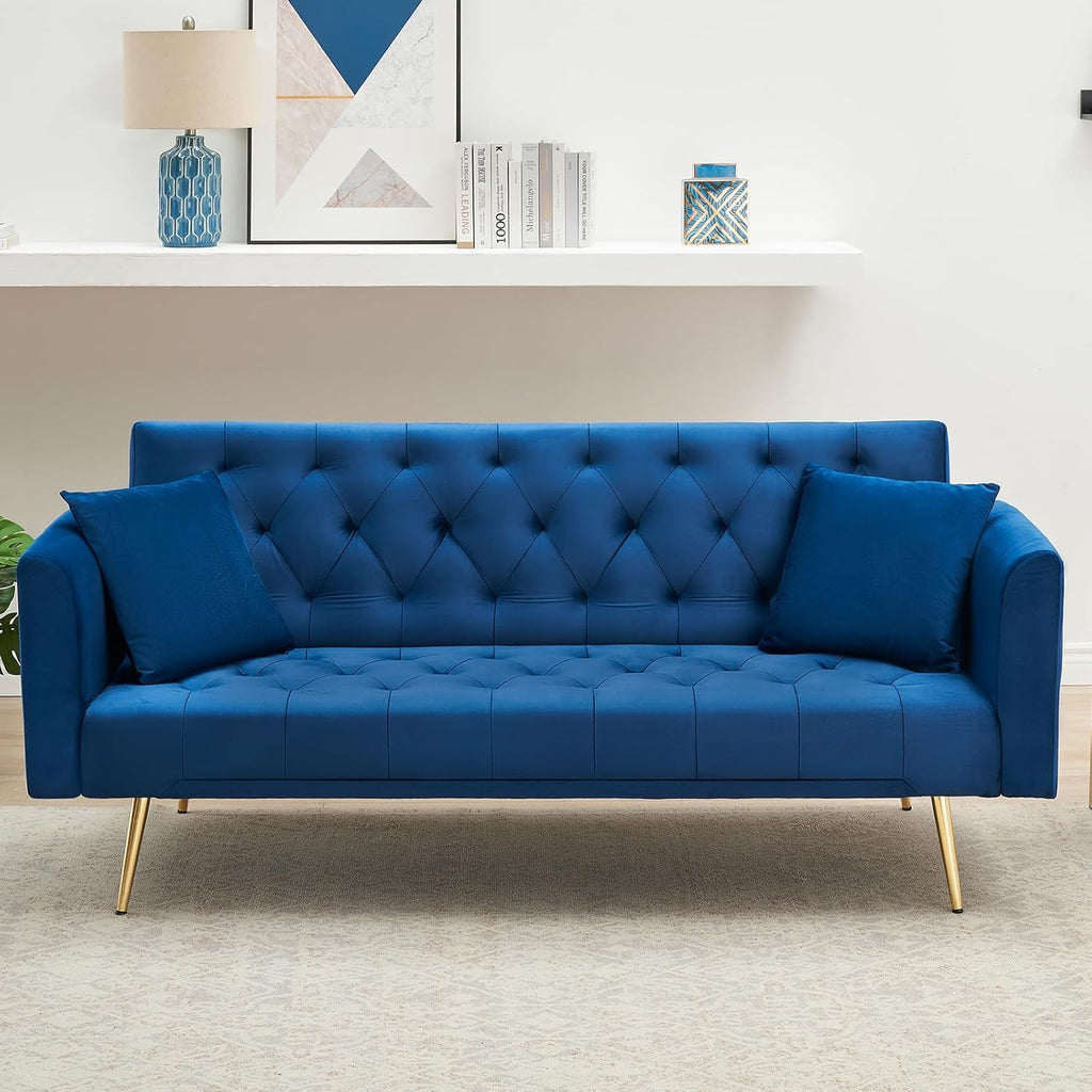 71' Modern Velvet Sofa Bed Futon, Convertible Sleeper Couch with Adjustable Backrest, Tufted Recliner Loveseat with Golden Chrome Legs & 2 Pillows for Small Spaces, Living Room, Apartment (Blue)
