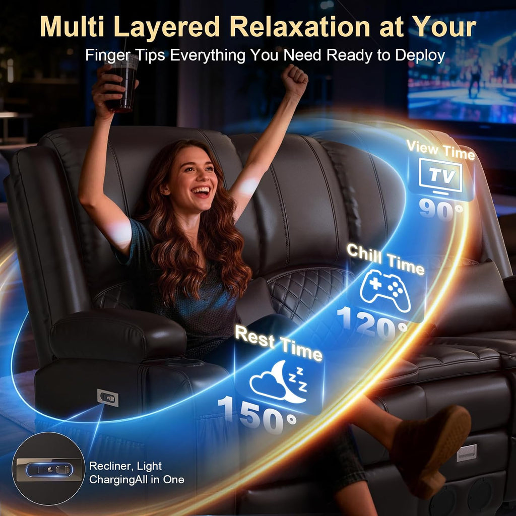 Power Recliner Loveseat Recliner with Massage and Lumbar Heating, Home Theater Reclining Loveseat with Flip Console, RV Couch Wall Hugger with 2 Speakers, Storage, USB, Outlet & LED (PU, Brown)