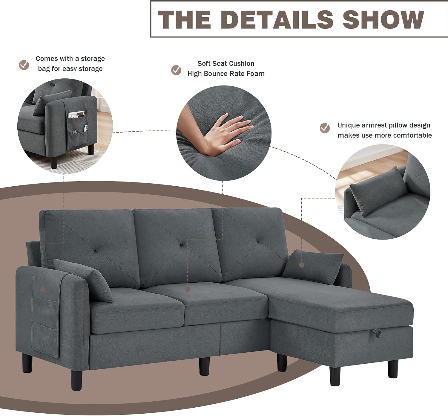 Convertible Sectional Sofa, 77' Small L Shaped 3 Seat Couch with Reversible Storage Chaise, Modern Polyester Fabric Sofa Couches for Living Room, Apartment and Small Space, Dark Grey