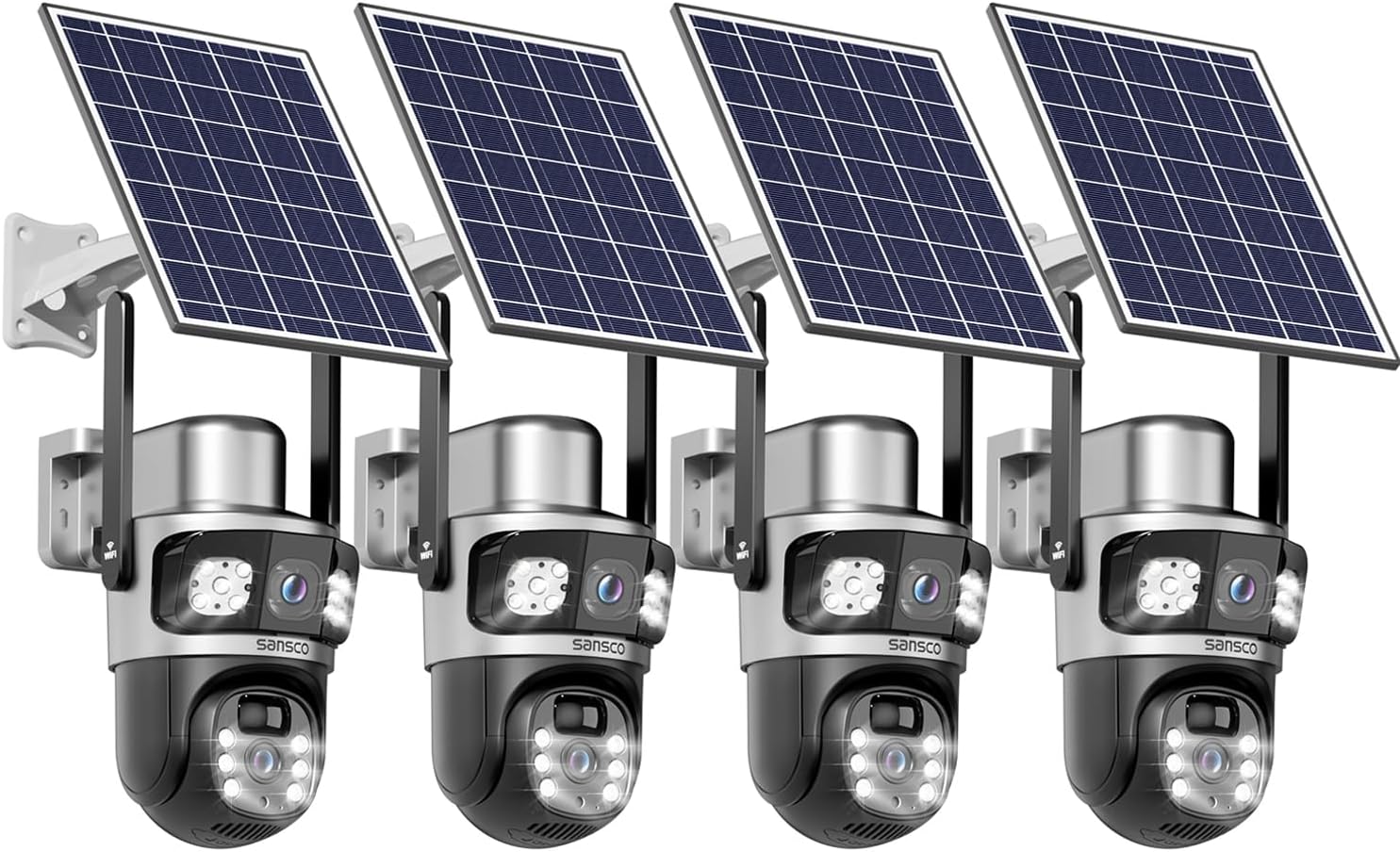 SANSCO 2K Dual Lens Solar Security Camera Wireless Outdoor, 2.4G & 5G WiFi, 360° PTZ Home Security Camera, 100% Wired Free, Spotlight Color Night Vision, 2-Way Audio, PIR Motion Detection (4 Pack)