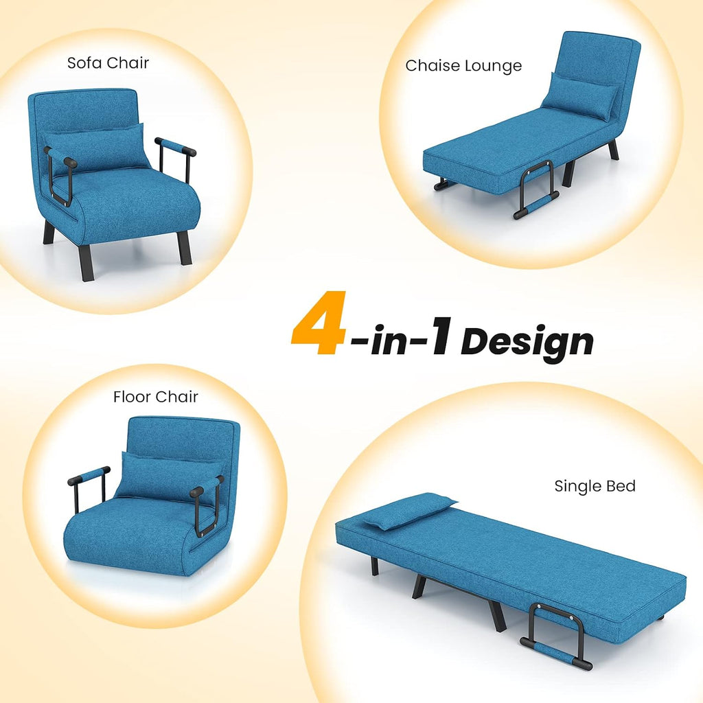 Giantex Convertible Sofa Bed, 4-in-1 Folding Sleeper Chair w/Pillow, Modern Recliner Guest Bed with 6 Positions Adjustable Backrest, Metal Legs, Linen Armchairs for Nursery Living Room Office (Blue)