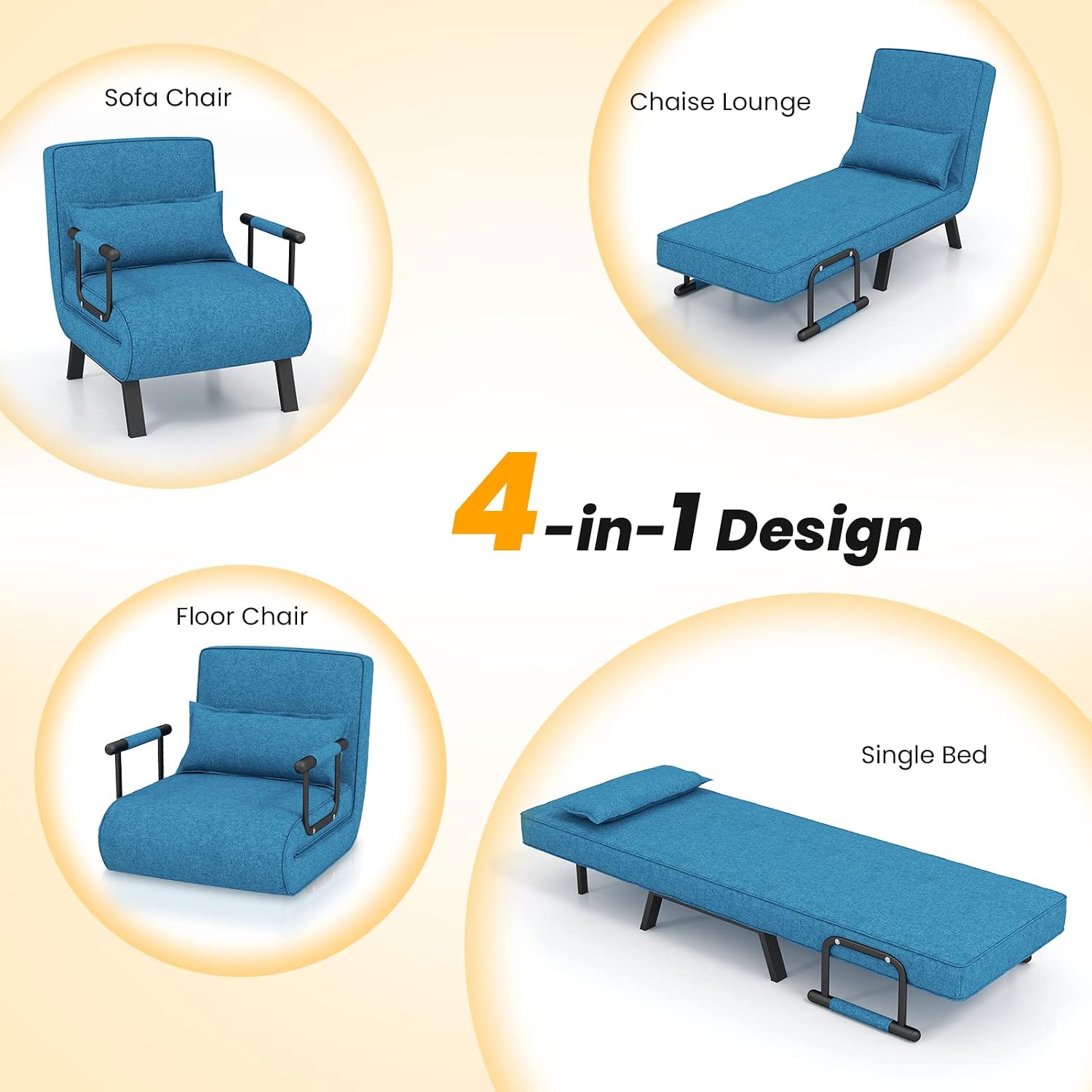 Giantex Convertible Sofa Bed, 4-in-1 Folding Sleeper Chair w/Pillow, Modern Recliner Guest Bed with 6 Positions Adjustable Backrest, Metal Legs, Linen Armchairs for Nursery Living Room Office (Blue)