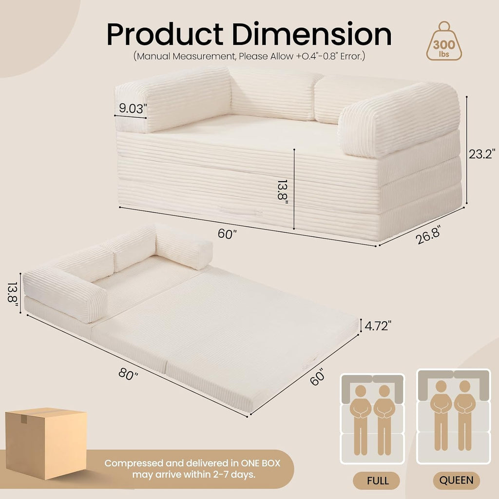 Tri-Fold Foldable Mattress, Convertible Folding Sofa Bed with Removable Arms & Washable Cover, All-in-One Portable Mattress Floor Sofa Bed, No Assembly Required & Non-Slip, Queen Size, Beige