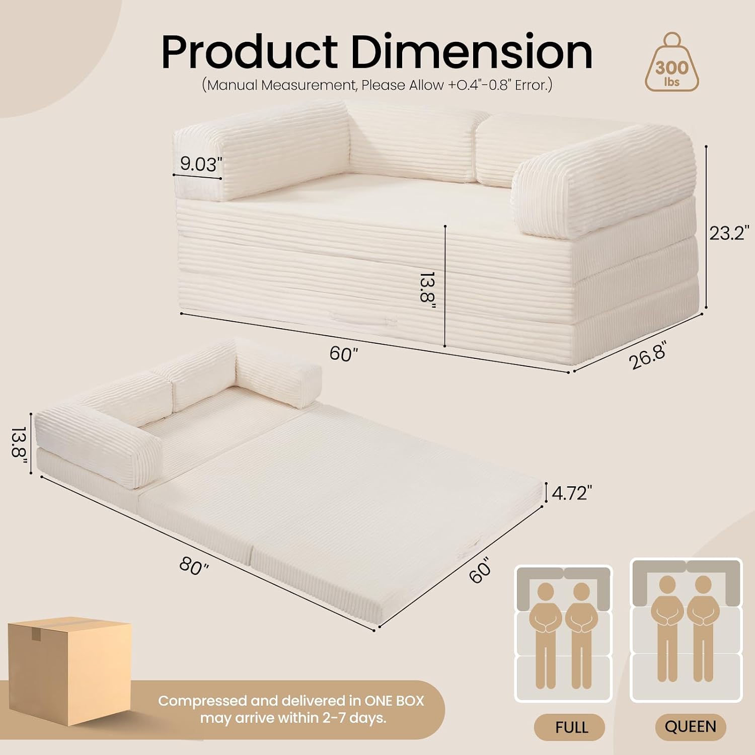 Tri-Fold Foldable Mattress, Convertible Folding Sofa Bed with Removable Arms & Washable Cover, All-in-One Portable Mattress Floor Sofa Bed, No Assembly Required & Non-Slip, Queen Size, Beige