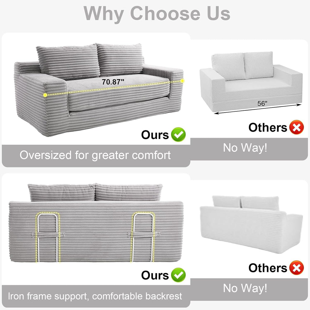 GNIXUU Corduroy Cloud Loveseat Sofa, 2 in 1 Convertible Sleeper Sofa with Fixed-Shape Frame, Comfy Folding Boneless Love Seat Couches for Living Room, Apartment, Small Spaces Grey
