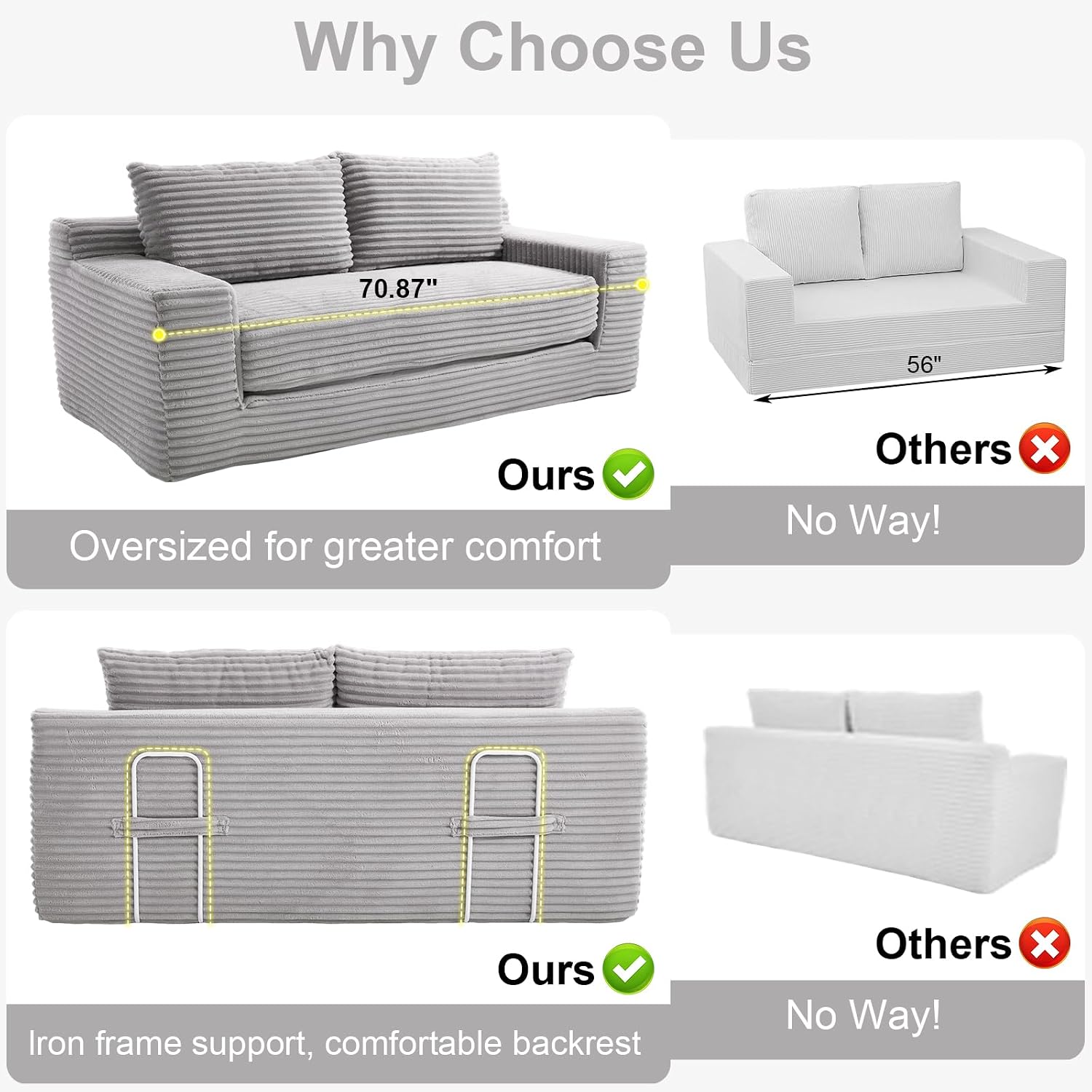 GNIXUU Corduroy Cloud Loveseat Sofa, 2 in 1 Convertible Sleeper Sofa with Fixed-Shape Frame, Comfy Folding Boneless Love Seat Couches for Living Room, Apartment, Small Spaces Grey
