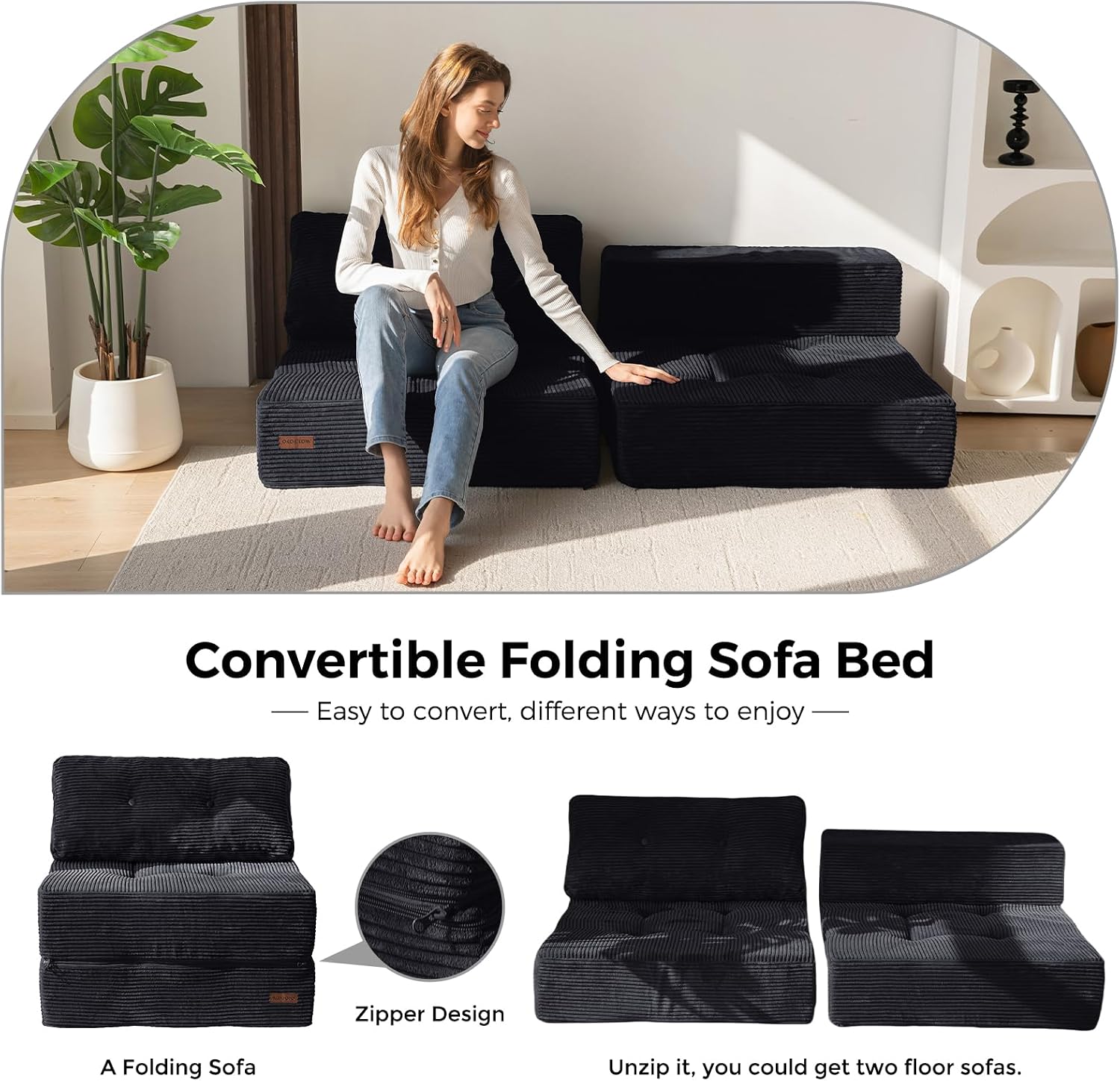 MAXYOYO Folding Sofa Bed, Convertible Sofa Bed with High-Density Support Foam, Portable 4 in 1 Fold Out Chair to Floor Lounger, Versatile Floor Couch for Living Room Bedroom, Black