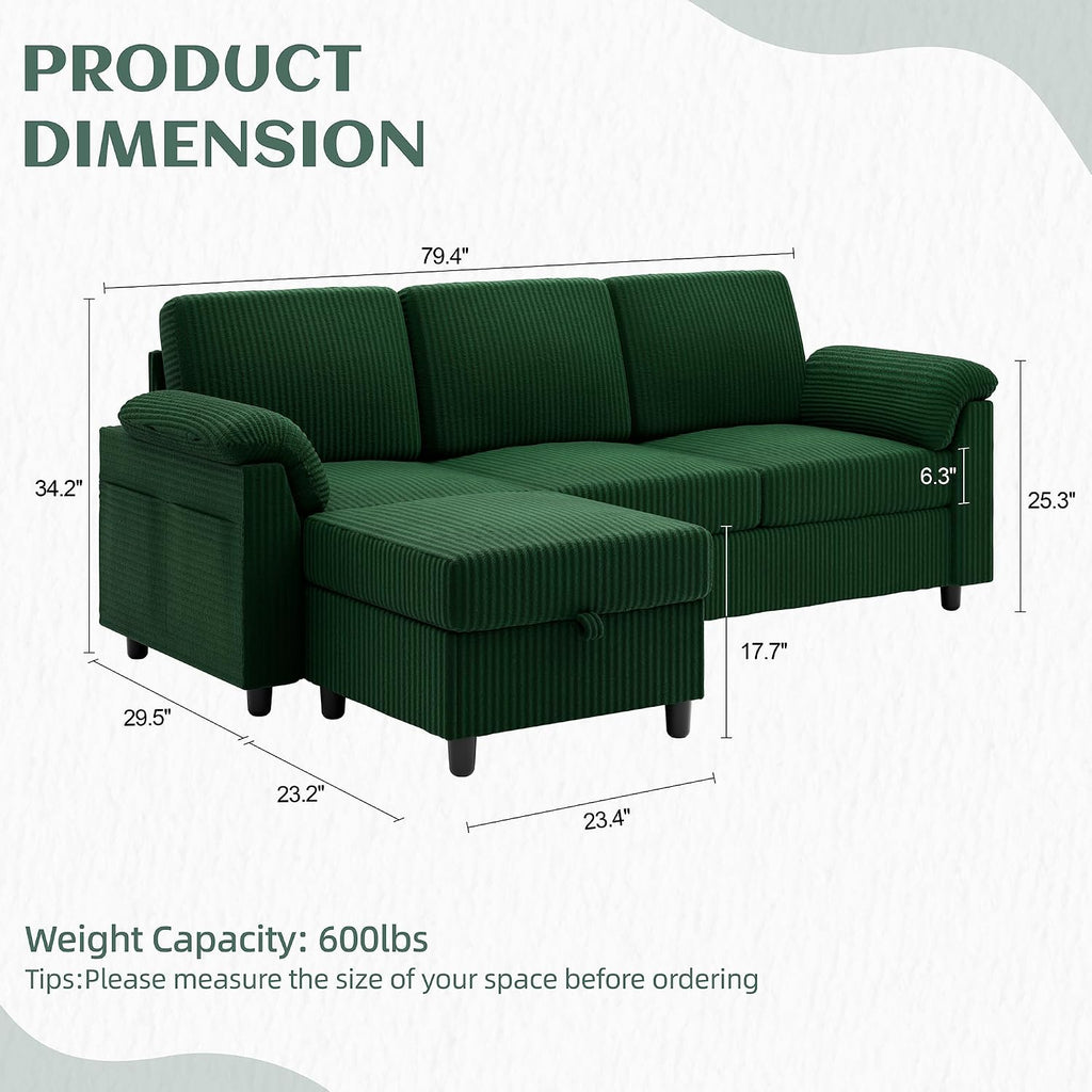 Vongrasig 79' Convertible Sectional Couch Sofa with Storage Ottoman, 3 Seat L Shaped Couch with Side Storage Pockage, Small Couches for Living Room, Apartment and Small Space (Green)