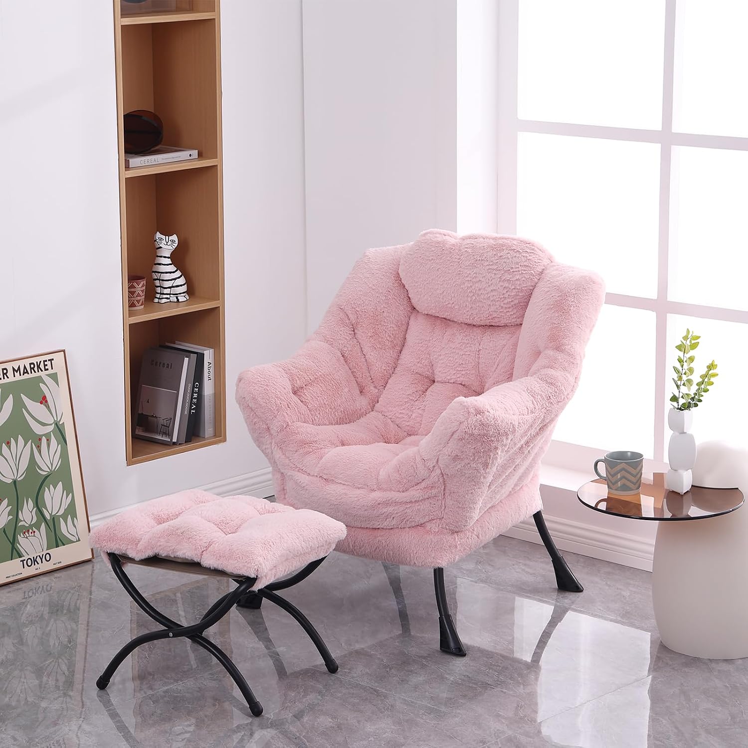 MBOOYOME Lazy Chair with Folding Ottoman, Modern Accent Lounge Armchair with Armrests and a Side Pocket & Foldable Footstool, Leisure Reading Chair for Living Room, Bedroom, Dorm & Office, Plush Pink