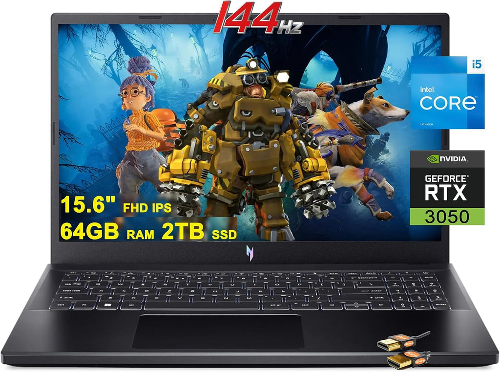 ACER Nitro 5 Gaming Laptop 15.6'' FHD IPS 144Hz Display 12th Gen Intel 12-Core i5-12500H (Beat i7-11800H) 64GB RAM 2TB SSD GeForce RTX 3050 4GB USB-C Win11 + HDMI Cable, Black