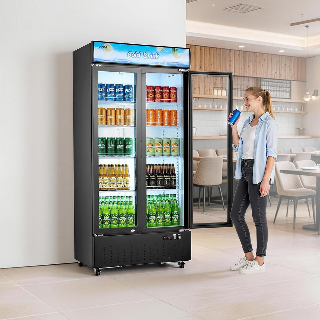 VEVOR Commercial Merchandiser Refrigerator, 20.8 Cu.Ft / 590L Upright Beverage Cooler, 2 Glass Door Display Refrigerator with Customizable Lightbox, 8 Adjustable Shelves, Soft LED Lighting & Casters