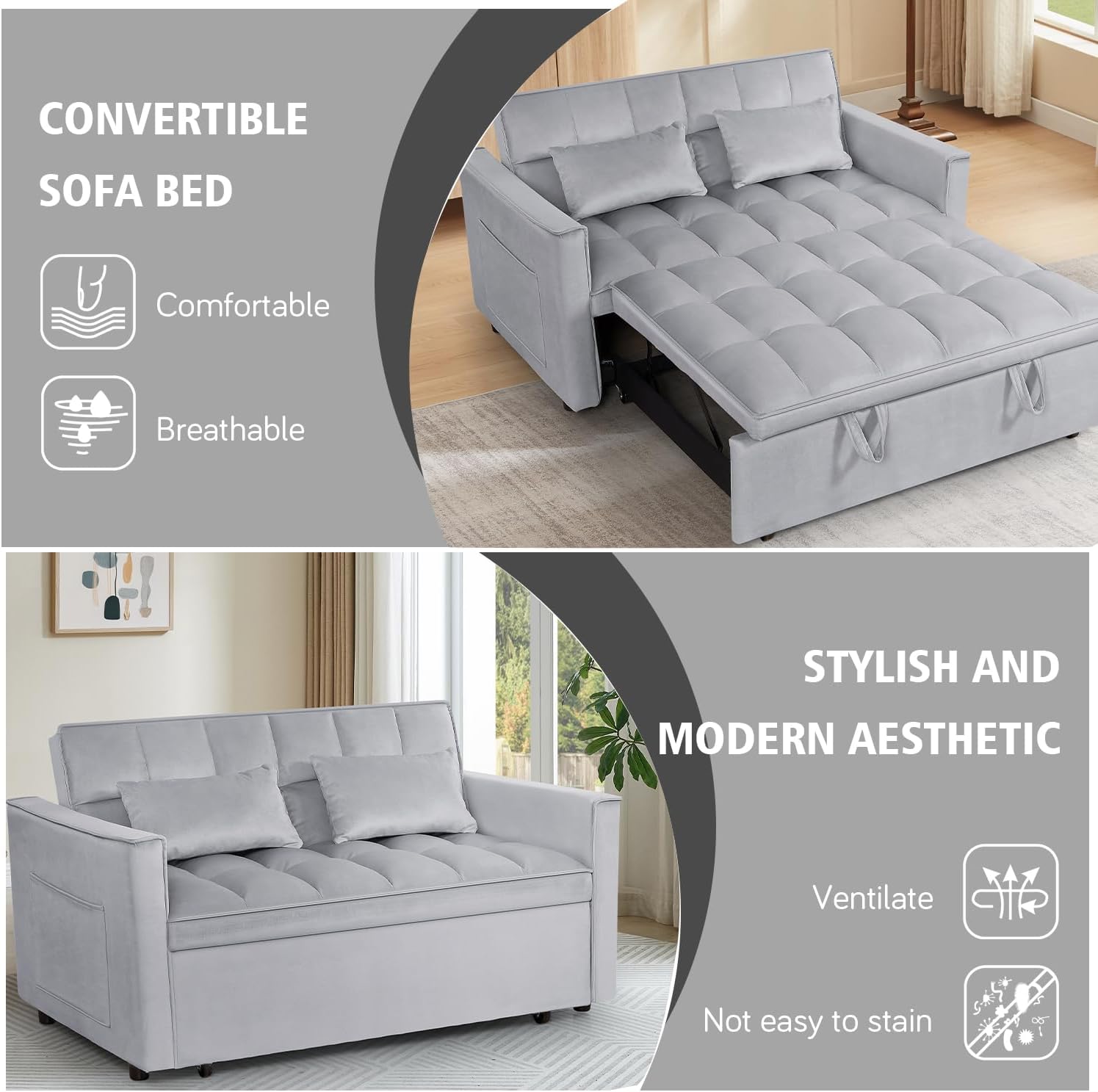 3 in 1 Convertible Sleeper Sofa Bed, 54'' Full Size Velvet Pull Out Futon Couch Recliner with Reclining Backrest & 2 Pillows, Small Loveseat Lounge Couches for Small Spaces (Silver Grey)