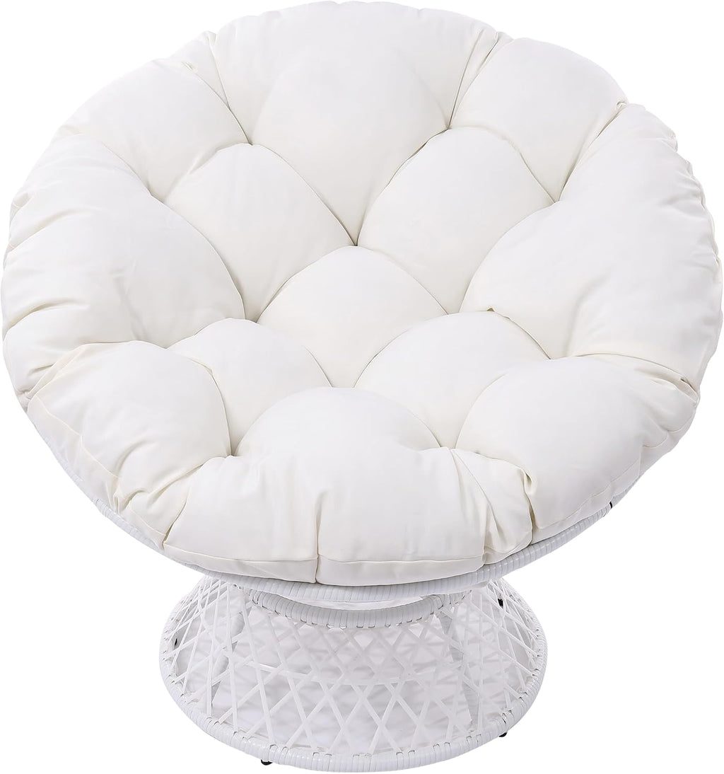 GLORY PATIO 360° Swivel Papasan Chair - 350lbs Capacity Indoor/Outdoor Wicker Lounge Chair with Thick Cushion, Modern Accent Chair for Living Room, Bedroom, Patio (White Frame & Beige Cushion)