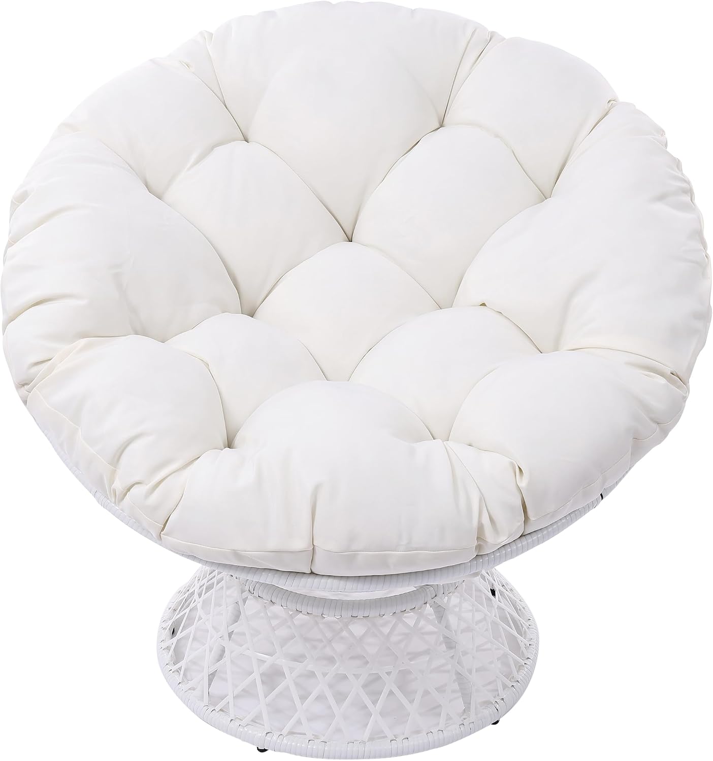 GLORY PATIO 360° Swivel Papasan Chair - 350lbs Capacity Indoor/Outdoor Wicker Lounge Chair with Thick Cushion, Modern Accent Chair for Living Room, Bedroom, Patio (White Frame & Beige Cushion)