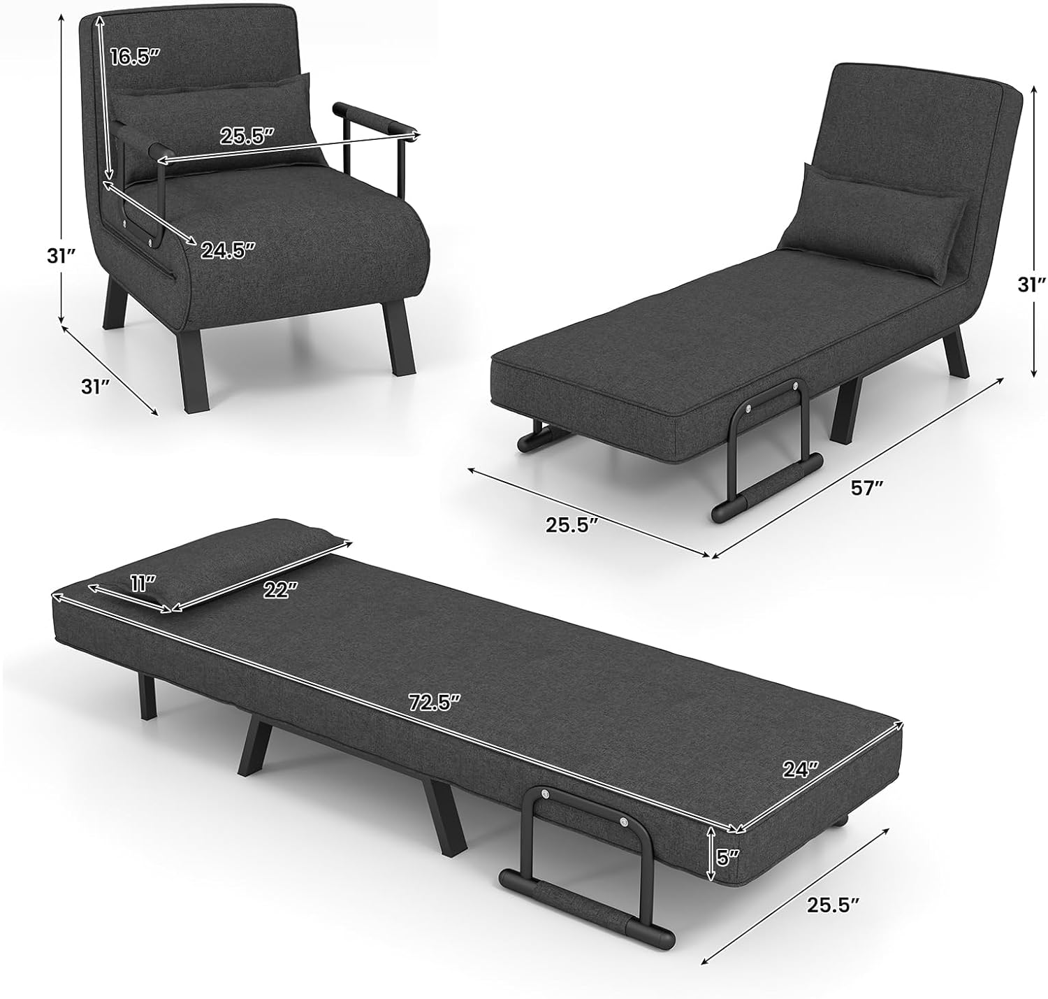 Giantex Convertible Sofa Bed, 4-in-1 Sleeper Chair with Pillow, Modern Recliner Guest Bed with 6 Positions Adjustable Backrest, Metal Legs, Linen Fabric Armchairs for Nursery Living Room Office