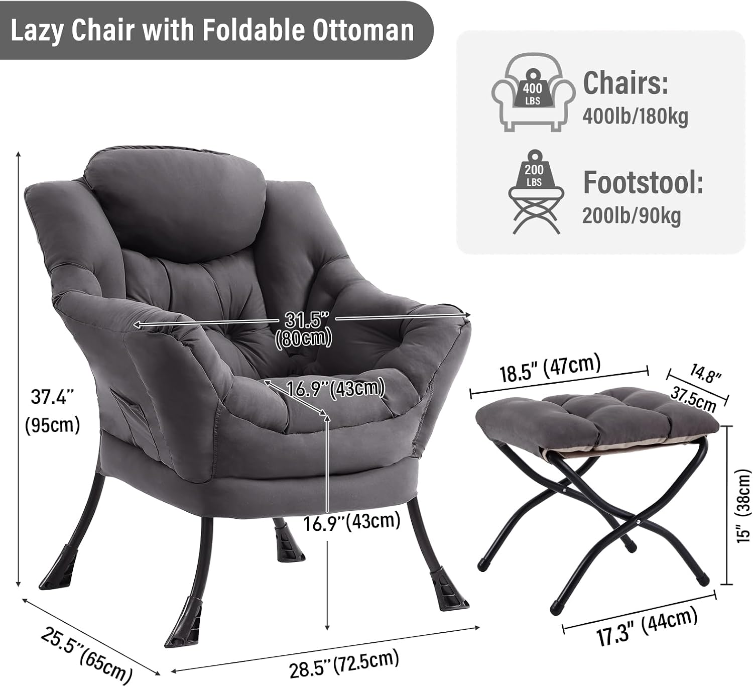 Furlide Lazy Chair with Ottoman, Modern Chair with Folding Footrest, Dark Grey Accent Chair, Comfortable Reading Chair, Oversized Armchairs for Bedroom, Study, Living Room, Courtyard