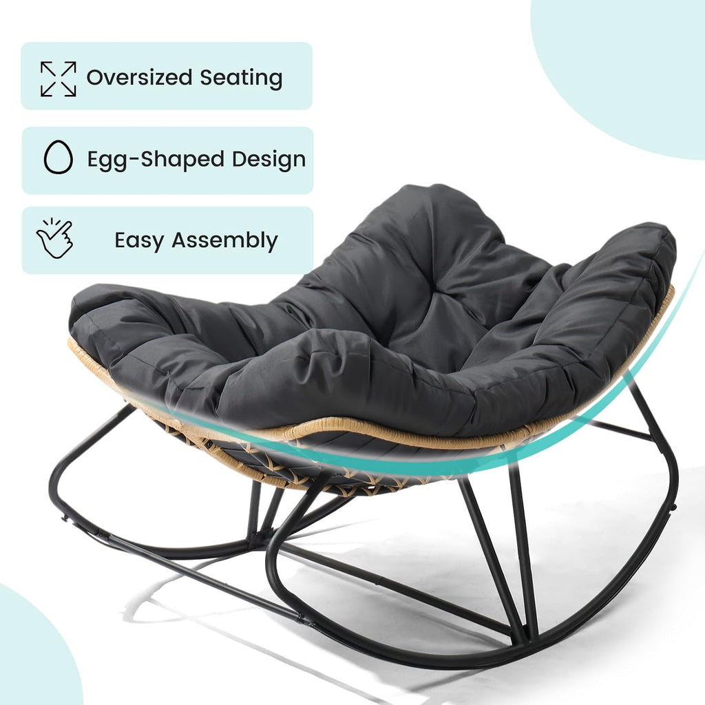 JOYBASE Outdoor Indoor Papasan Rocking Chair, Oversized Papasan Rocker with Cushion, Patio Wicker Comfy Egg Chair for Backyard Bedroom Living Room Lounge Reading (Dark Grey)