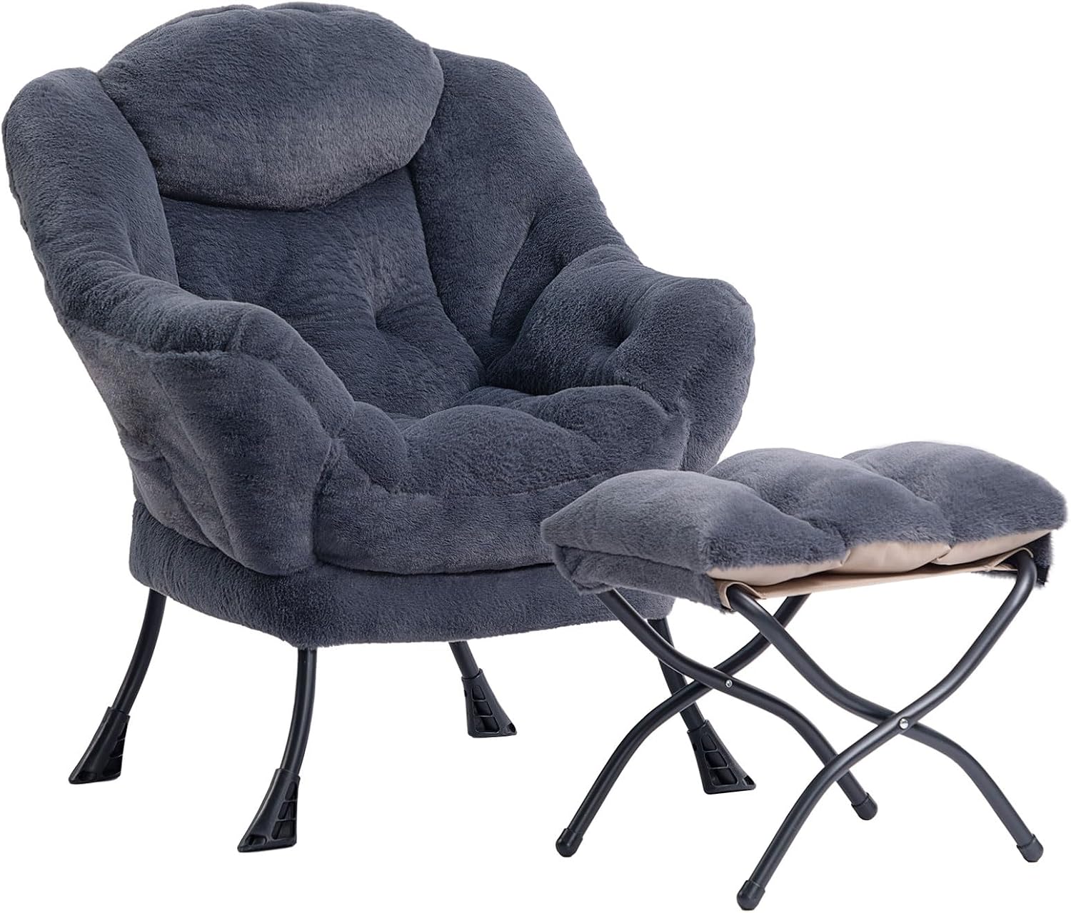 HollyHOME Lazy Chair with Foldable Ottoman, Accent Comfy Lounge Armchair and Folding Footrest Stool, Leisure Sofa Reading Chair and Footstool for Living Room, Bedroom, Dorm,Faux Fur Navy Blue