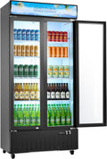 VEVOR Commercial Merchandiser Refrigerator, 20.8 Cu.Ft / 590L Upright Beverage Cooler, 2 Glass Door Display Refrigerator with Customizable Lightbox, 8 Adjustable Shelves, Soft LED Lighting & Casters