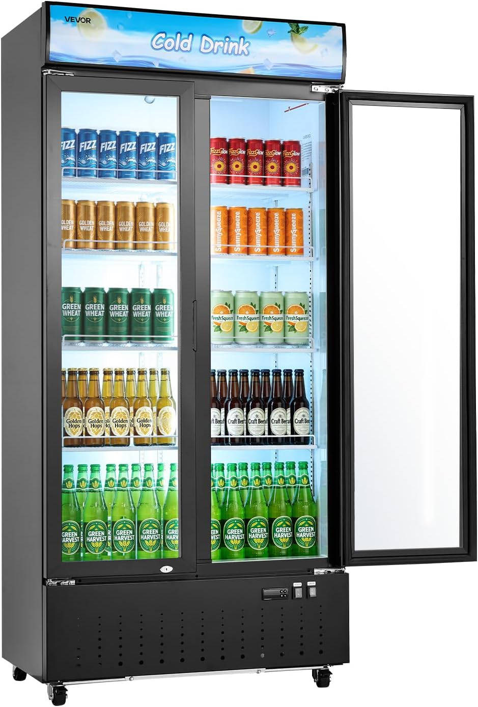 VEVOR Commercial Merchandiser Refrigerator, 20.8 Cu.Ft / 590L Upright Beverage Cooler, 2 Glass Door Display Refrigerator with Customizable Lightbox, 8 Adjustable Shelves, Soft LED Lighting & Casters