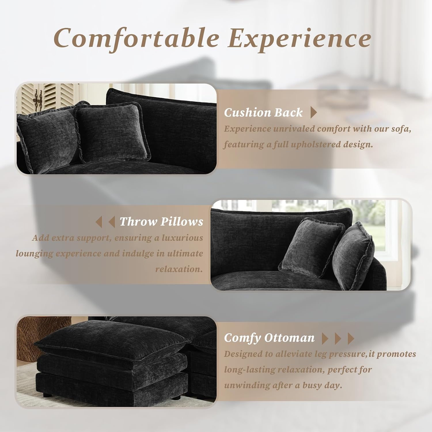 SoarFlash Chenille Sectional Sofa, Comfy Modular Coush Sofa with Ottoman, Modern 2 Seat Recliner Deep Seat Sofa Set for Living Room,Black