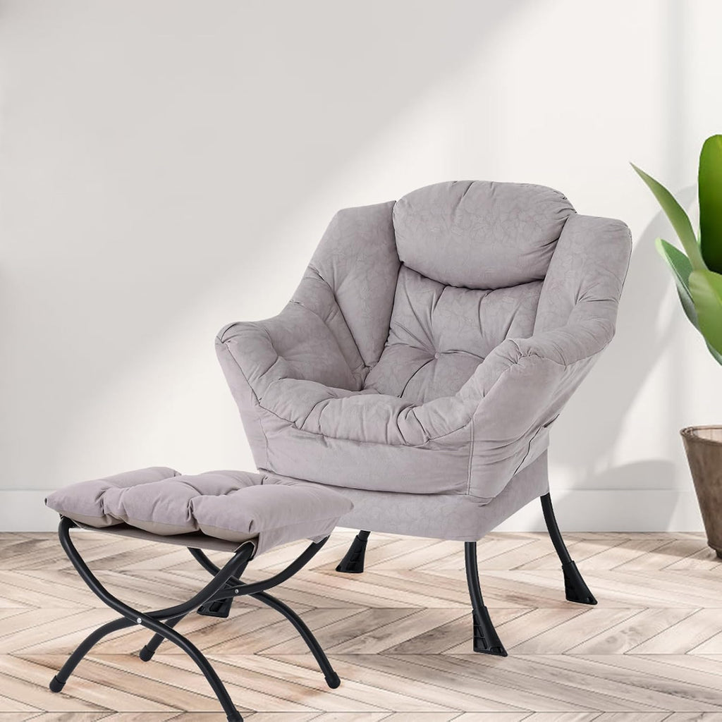 Furlide Lazy Chair with Ottoman, Modern Chair with Folding Footrest, Lounge Accent Chair, Comfortable Reading Chair, Oversized Armchairs for Bedroom, Study, Living Room, Courtyard (Light Grey)