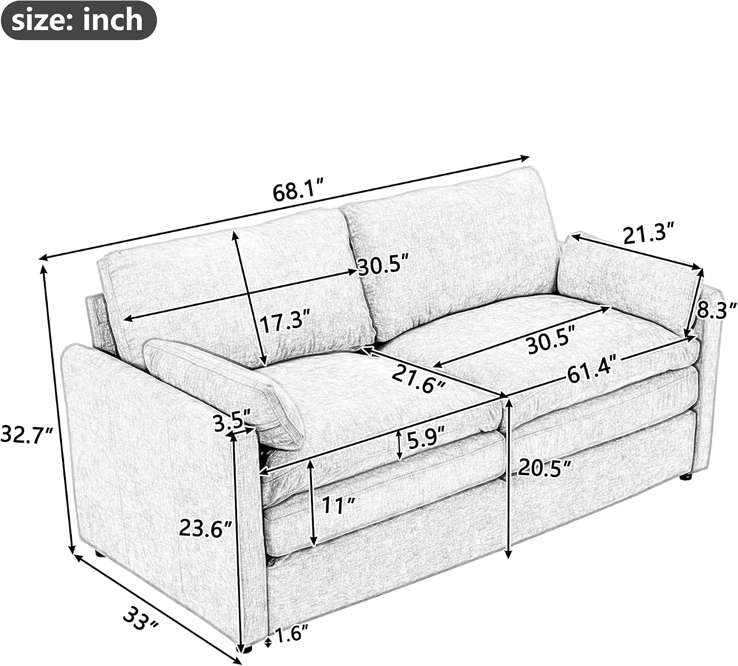Harper & Bright Designs Chenille Fabric Upholstered Sofa, Oversized Comfy Cloud Loveseat Sofa Couch, Double Plush Cushion for Living Room