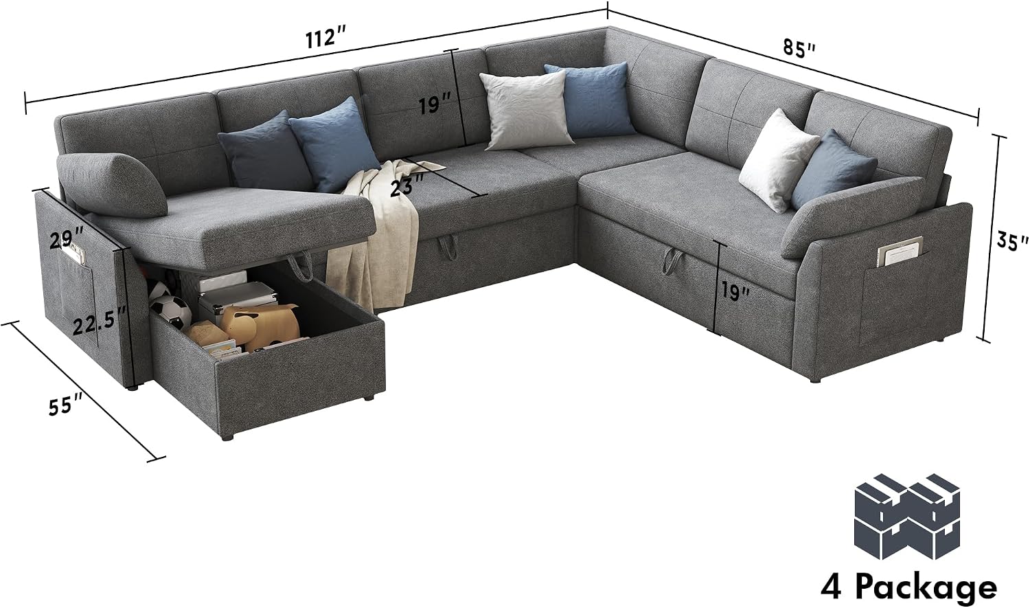 VanAcc Sofa Bed, 112 Inch Sleeper Couch with Storage Chaise, Oversized U Shaped Sofa with Pull Out Sofa Bed, Sectional Couches for Living Room, Grey Linen Sofa Couch