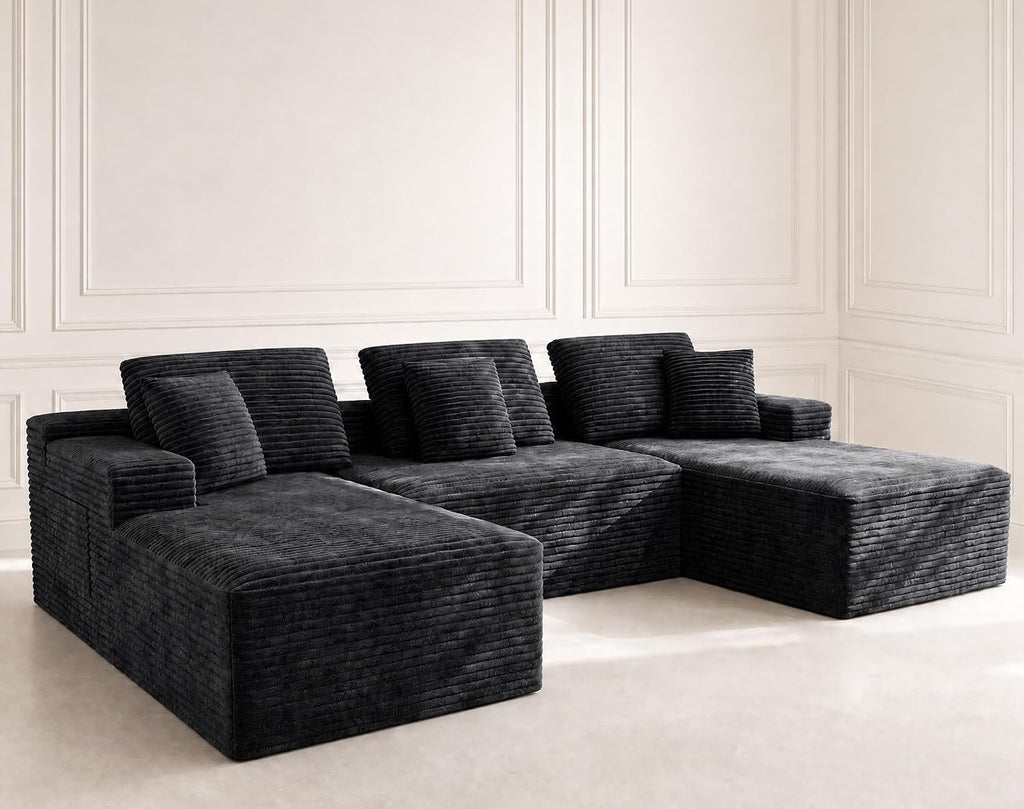 105'' Boneless Modular Sectional Sofa, Cloud Couch with Left Facing Chaise, Oversized Deep Seat, U-Shaped, Soft Corduroy Fabric, Sectional Couch for Living Room -U Black