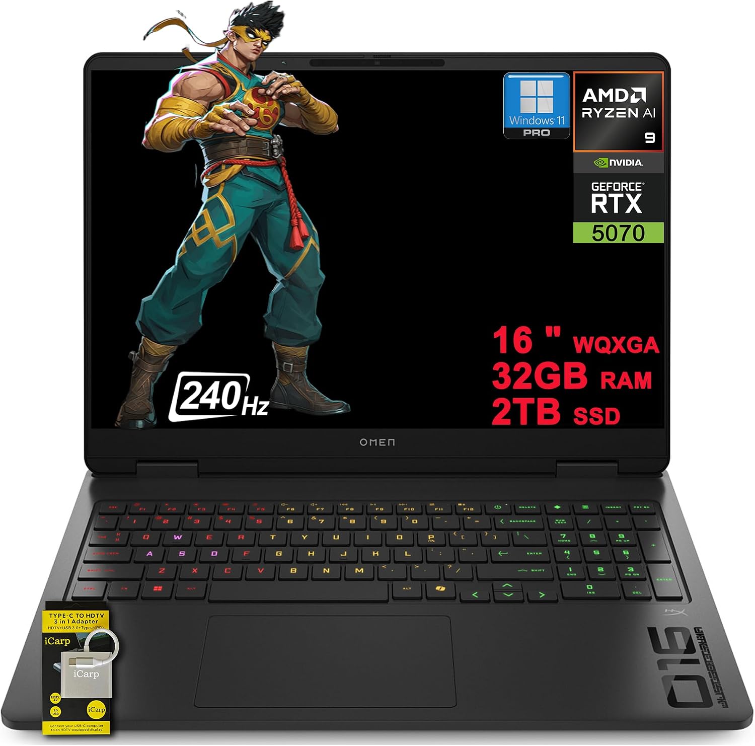 HP Omen 16 Gaming AI Laptop 16' WQXGA 240Hz (500nits 100% sRGB) AMD 10-core Ryzen AI 9 365 (Up to 50 Tops) 32GB RAM 2TB SSD GeForce RTX 5070 GDDR7 DLSS4 (Up to 798 Tops) RGB Backlit Win11Pro ICP Hub