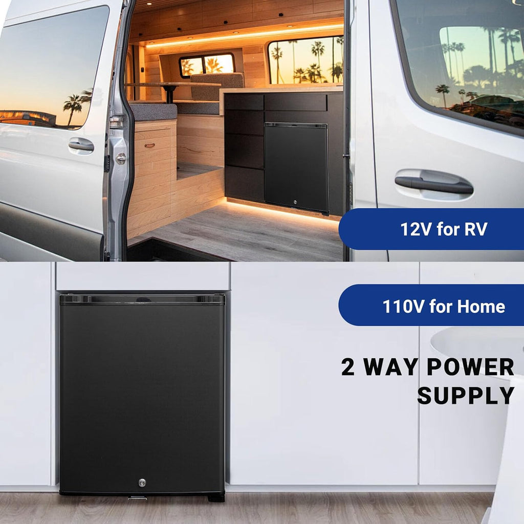 12V Refrigerator 1.7 Cu.Ft, AC/DC Semi Truck Refrigerator with Lock, Reversible Door, Quiet Absorption Mini Fridge for RV Camper, Caravan, Boat, Compact, Black
