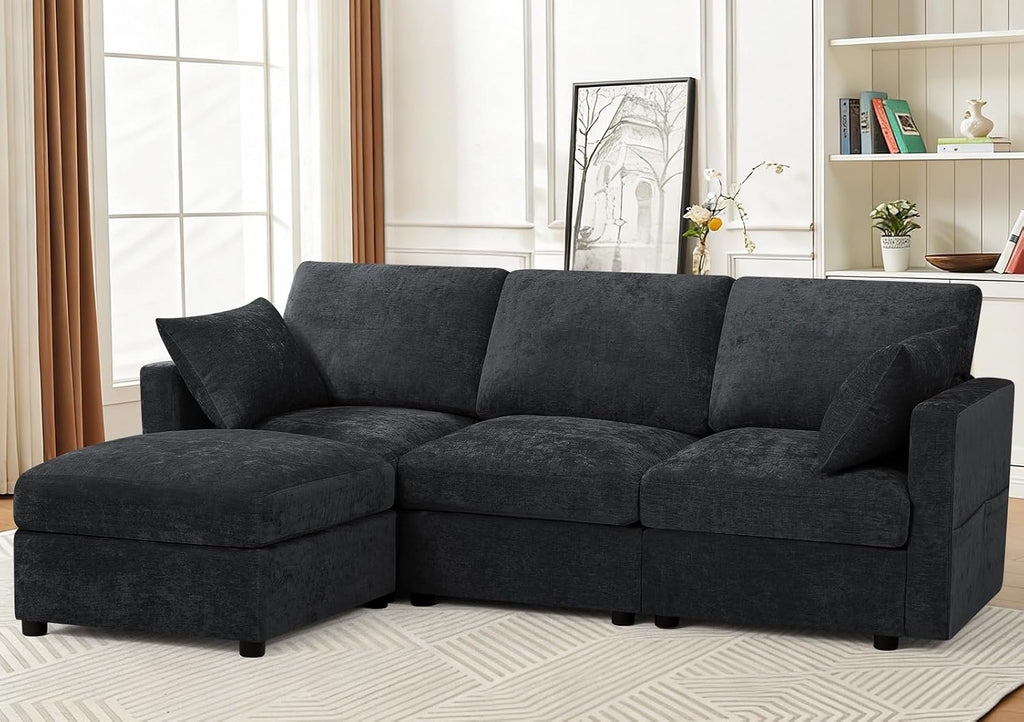 84 Inches Chenille 3-Seater Couch W/Movable Ottoman, Upholstered Sectional Sofa w/Soft Backrest, Modern Fabric L Shaped Couch w/Armrest Pillows for Living Room, Office, Black