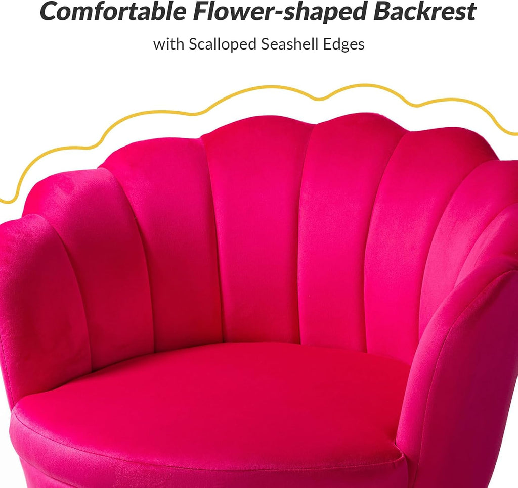 HULALA HOME Modern Velvet Accent Chair with Shell Shaped Back, Cute Living Room Bedroom Armchair with Gold Legs, Comfy Upholstered Vanity Chair for Makeup Room, Fushia