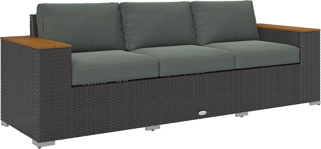 Outsunny 3-Seat Outdoor Patio Sofa with 24.5' Extra Wide Deep Seats, PE Wicker Sofa with Wide Wood Effect Armrests and 4' Cushions, Rattan Outdoor Couch for Porch, Garden, Poolside, Dark Gray
