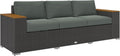 Outsunny 3-Seat Outdoor Patio Sofa with 24.5' Extra Wide Deep Seats, PE Wicker Sofa with Wide Wood Effect Armrests and 4' Cushions, Rattan Outdoor Couch for Porch, Garden, Poolside, Dark Gray