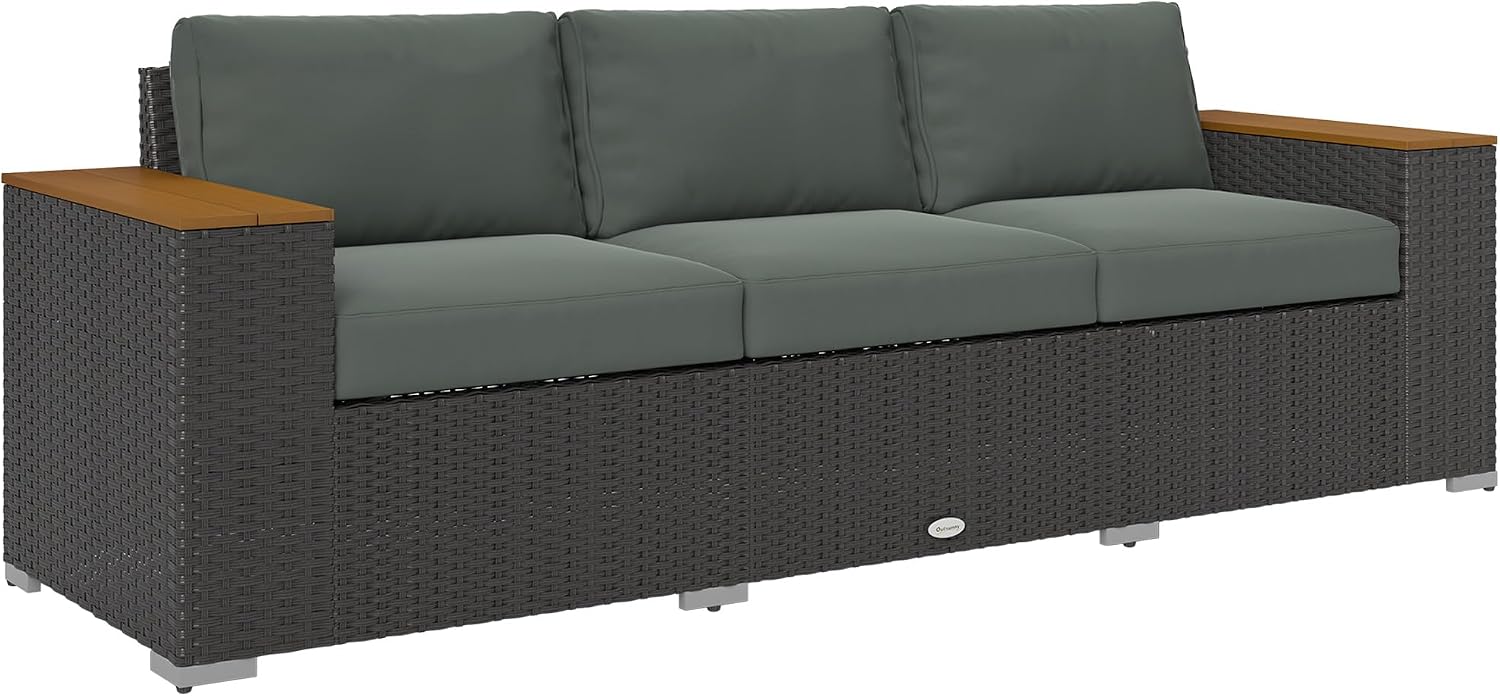 Outsunny 3-Seat Outdoor Patio Sofa with 24.5' Extra Wide Deep Seats, PE Wicker Sofa with Wide Wood Effect Armrests and 4' Cushions, Rattan Outdoor Couch for Porch, Garden, Poolside, Dark Gray